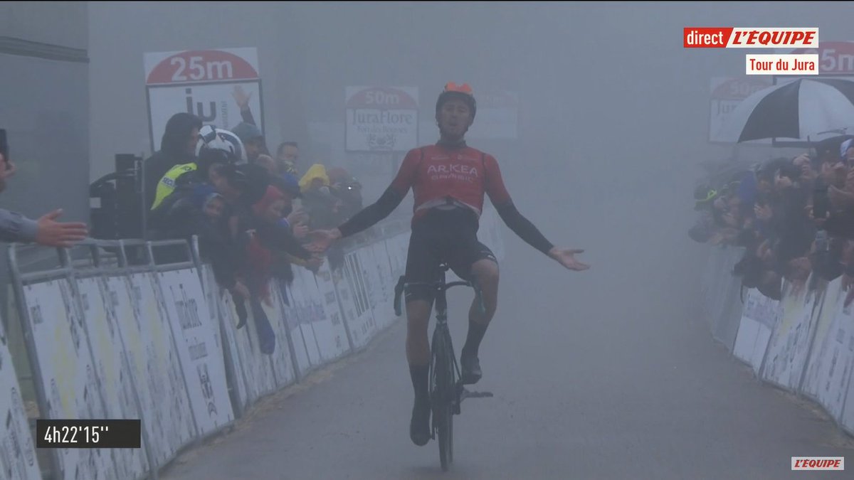 LeGruppetto's tweet photo. VICTOIRE EN COSTAUD DE KEVIN VAUQUELIN ! Sorti à 2,4km sur les pentes du Mont Poupet, le Français de 21 ans remporte le #TourduJura, décrochant son troisième succès de la saison. Thibaut Pinot et Guillaume Martin complètent le podium derrière le coureur d'Arkéa-Samsic. https://t.co/G2TrEYIR0e