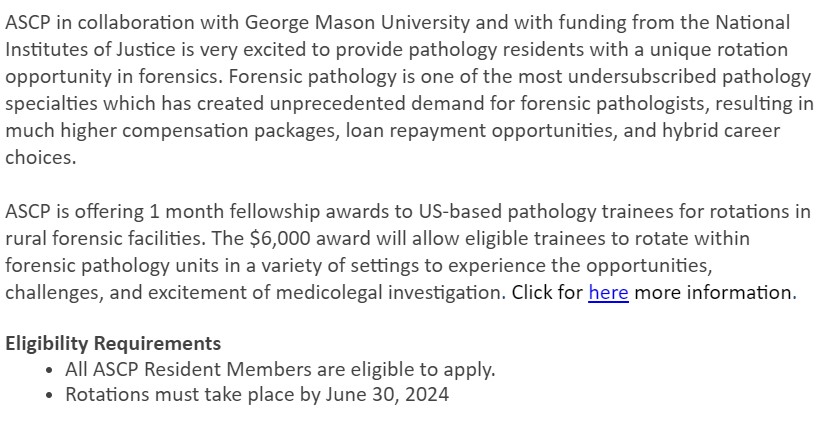 ASCP in collaboration with George Mason University and with funding from the National Institutes of Justice is very excited to provide pathology residents with a unique rotation opportunity in forensics.docs.google.com/forms/d/e/1FAI…
