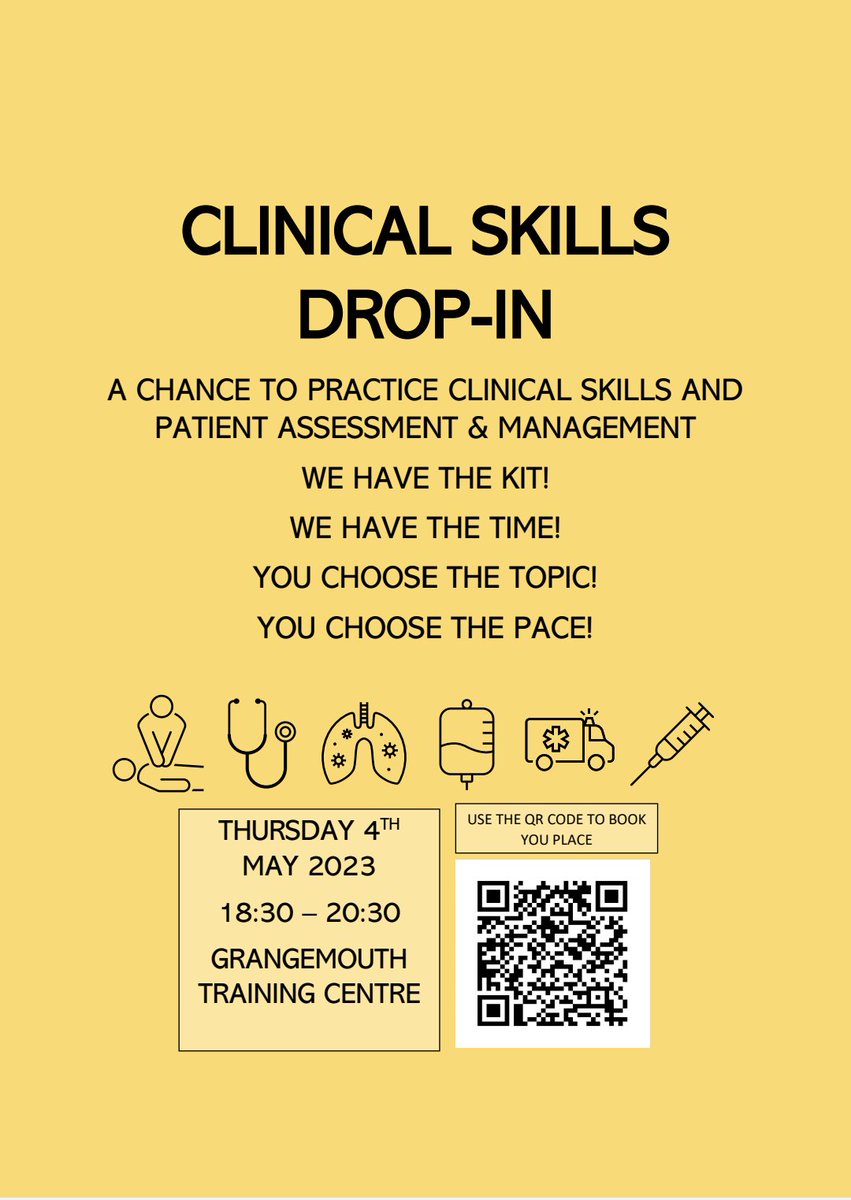Here's a chance to practice any clinical skills and/or run scenarios!

Intubation
Cannulation
IO
Needle Cricothyroidotomy
Chest Decompression
ALS/ILS
TCA
Kit Dump prep
ABCDE/(c)ABCDE assessment
Defib familiarisation
...any other skill you want to practice

All grades welcome!!