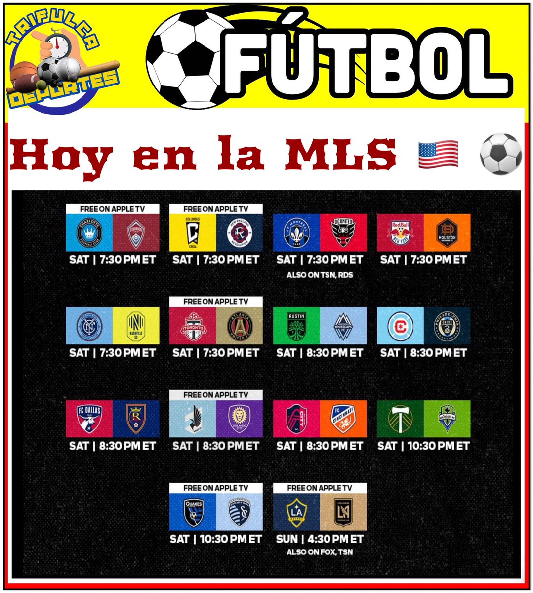TrifulcaMedia's tweet image. Hoy en la acción de la MLS 🇺🇸 habrá un total de 14 partidos en agenda.

#trifulcamedia #mls #soccer #usasoccer #futbol #dcunited #lagalaxy #orlandocity #nycfc #nyredbulls #cfmontreal #lafc #fifa #soccerlife #futbol #soccergame #usa #fútbol #soccerplayer