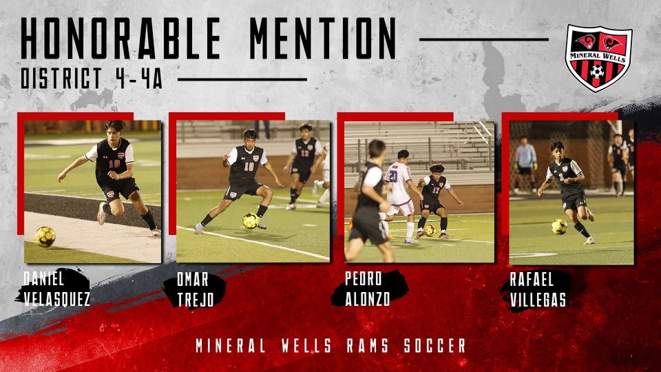 MWHS_SOCCER's tweet photo. Honorable Mention All-District Honors! Congrats to Daniel, Omar, Pedro, and Rafa! 
graphic credits: Brandon Jones https://t.co/dIGxIzi00B