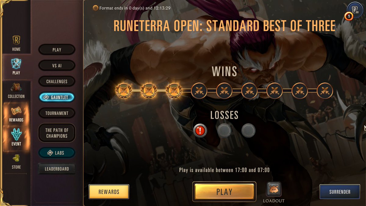 I just reproduced it on AM in Runeterra Open while it's closed. You need to change time on your PC while you are on the screen with "Enter the Gauntlet" button.

So basically you just need 4 accounts to guarantee 9-0. 

You can check match history here: app.runeterra.ar/r8qzCa4qyOgkz6…