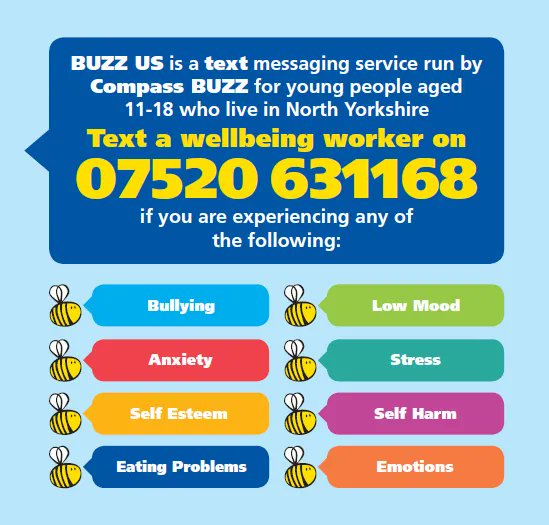 BUZZ US is a confidential text messaging service for young people in North Yorkshire aged 11-18. The service allows young people the opportunity to message a wellbeing worker for support, signposting, information or advice around mental health: buff.ly/2T4XRWk