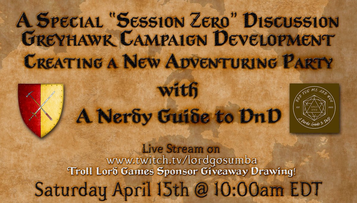 Live shortly! Saturday morning, join me for a Special #Greyhawk #DND Campaign Development Session Zero! I will be working with our friends <a href="/NerdyGuideToDnd/">A Nerdy Guide to DnD</a> to develop their new characters for my Campaign.<a href="/trolllordgames/">Troll Lord Games</a> Giveaway! Sat 4/15 10:00 AM twitch.tv/lordgosumba #ttrpg