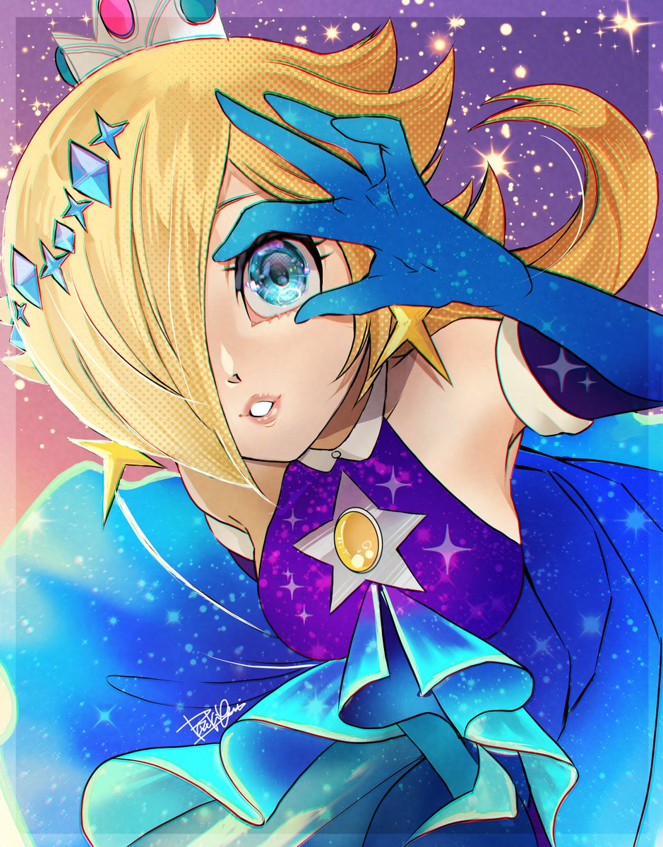 rosalina 1girl dress blonde hair gloves crown solo hair over one eye  illustration images