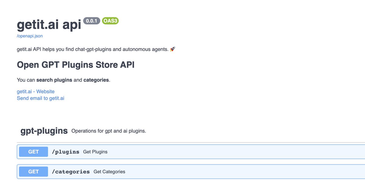 Announcement: get gpt-plugins via our open API: api.getit.ai and build them into your chat apps. The #gptPlugins store without a waitlist