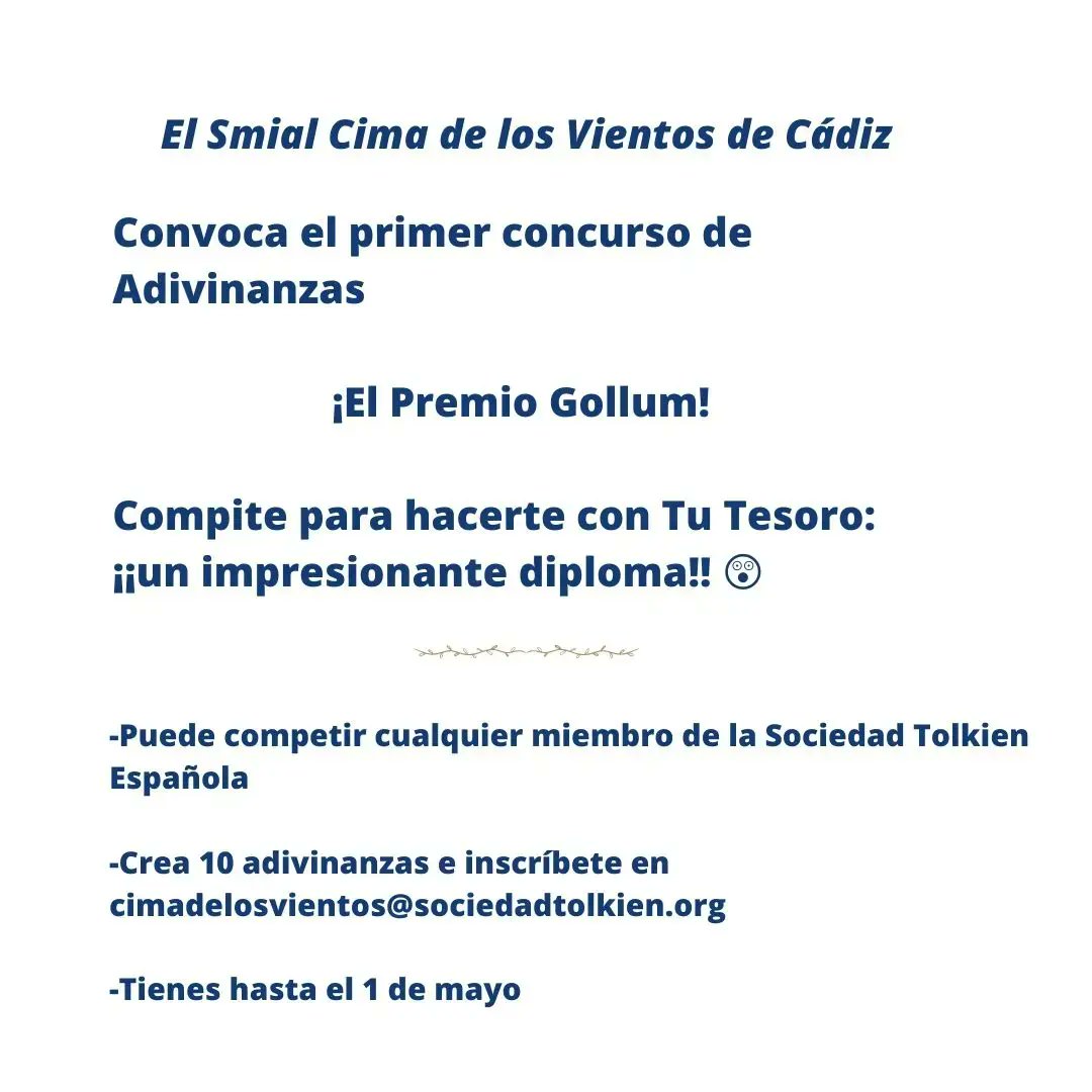 SocTolkien's tweet photo. ¡Aiya a todos los pueblos de Arda!
Nuestro smial de Cádiz (Provincia) @Smialcimaviento convoca su primer concurso de adivinanzas, "El Premio Gollum". 👏
¡Compite para conseguir tu tesoro! 👇 https://t.co/pJrPeLx6wm