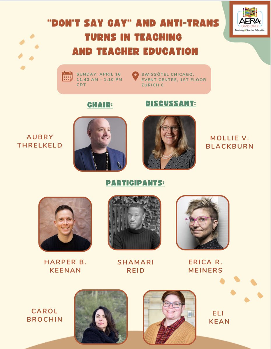 AERADivisionK's tweet photo. 💥Happening Sunday💥

Join us for our VP Session: "Don't Say Gay" and Anti-Trans Turns in Teaching and Teacher Education 

With scholars @AubryThrelkeld @HarperKeenan @shamarikreid Erica Meiners, Carol Brochin, @eli_kean &amp; Mollie Blackburn https://t.co/rvIufQLwDK