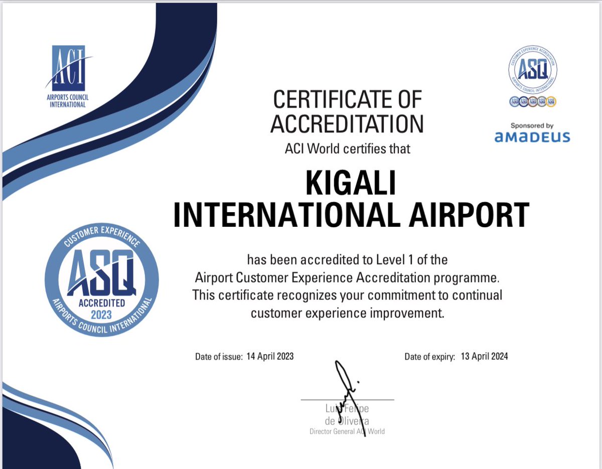 RwandaAirports's tweet photo. 🎉Exciting news!🛫
We are thrilled to announce that Kigali International Airport has been accredited to Level 1 of the Airports Customer Experience Accreditation programme by @ACIWorld

This certificate recognizes our team's commitment to continually improve customer experience. https://t.co/ssP8uoJ11S