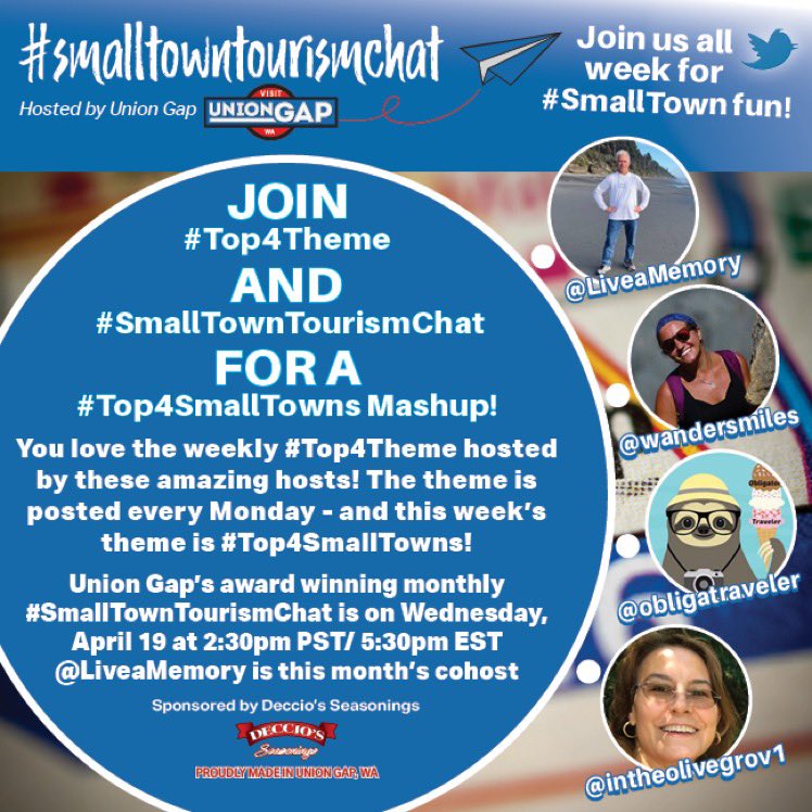 EXCITED TO ANNOUNCE a #SmallTowns Mashup w/the #Top4Theme team & our award-winning #SmallTownTourismChat next week starting 4/17! Join us, w/#Top4Theme hosts @LiveaMemory @wandersmiles @obligatraveler & @intheolivegrov1
for a fun filled week focused on #SmallTowns! @cherrydude