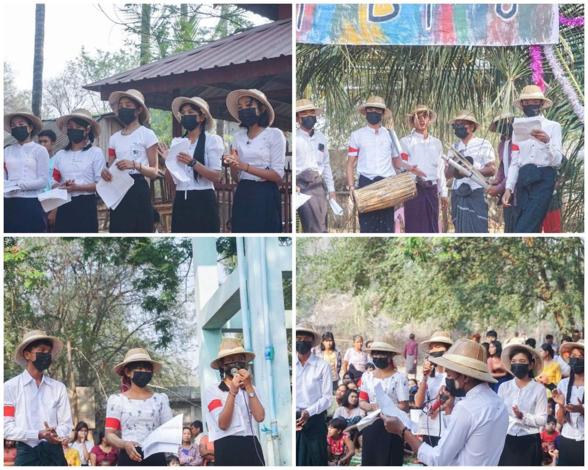 Bokiimii's tweet photo. University students from Monywa held an anti-junta protest on the day of Thingyan – water festival in a village located in Ayadaw township of the Sagaing region in Myanmar.  #RevolutionaryThingyan #2023Apr15Coup #WhatsHappeningInMyanmar https://t.co/ITEXWdt3IB