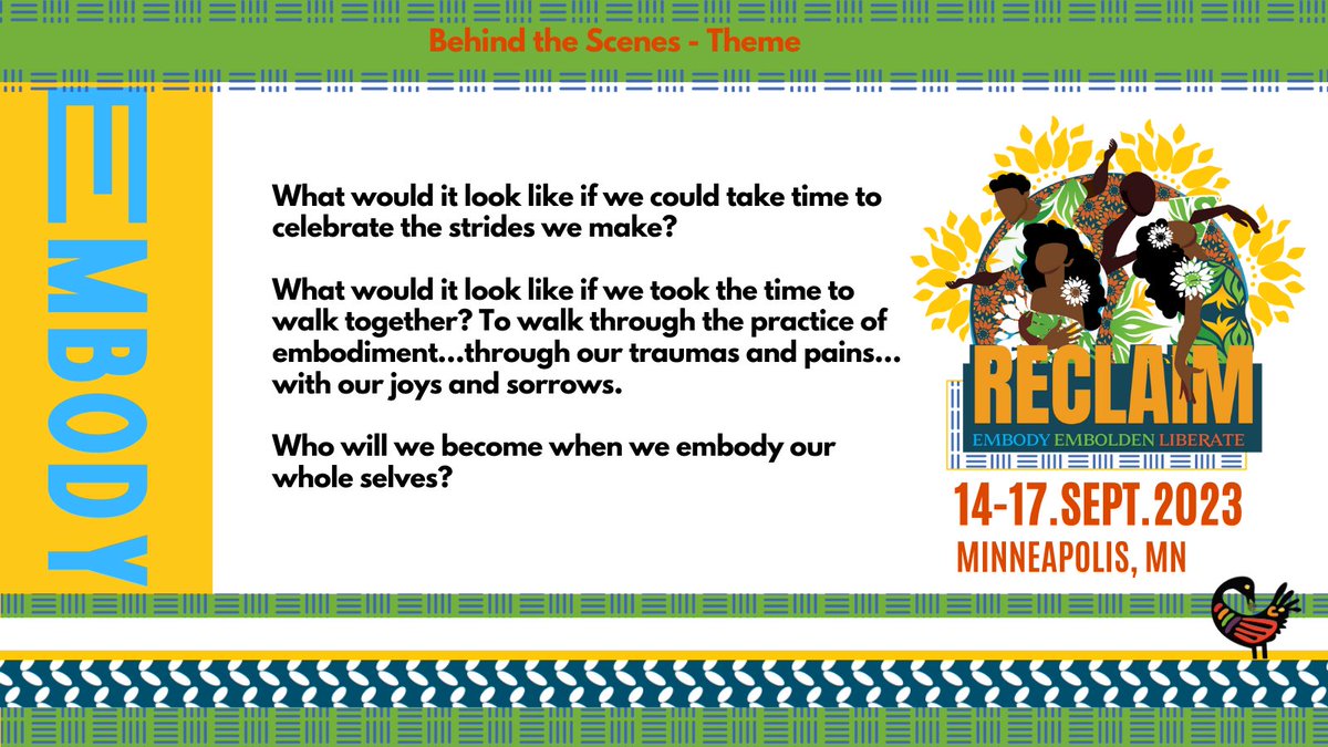 Reclaim behind the Scenes: Theme-Embody.
What will we become when we embody our wholeselves?

Lean into this question with us at Reclaim 
Sept 14-17, Minneapolis MN
Save your spot today: community.elca.org/Reclaim-Gather…

#Reclaim #AfricanDescentMinistries #Embolden #Embody #Liberate