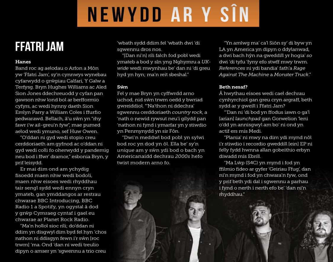 ffatrijamband's tweet photo. Diolch i @Y_Selar am yr erthygl yma yn eu rhifyn diweddaraf ๐ค cadwch lygad allan am newyddion cyffrous wythnos nesaf ๐ #ffatrijam #geiriauffug #newmusic #fyp #reels #news https://t.co/WcVMCNBga0