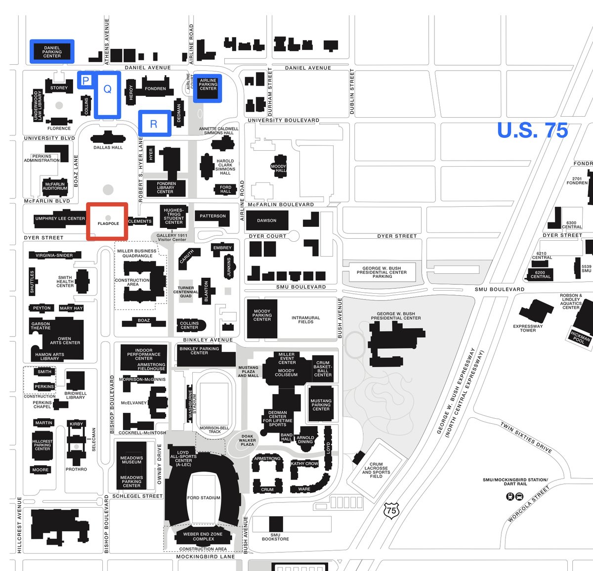 UPDATE: MilVets Fun Run/Walk
Event Parking: Free parking can be found in lots N, P, Q, S, and R. All can be found on the north side of campus (see map below).

smu.edu/AboutSMU/Maps/…