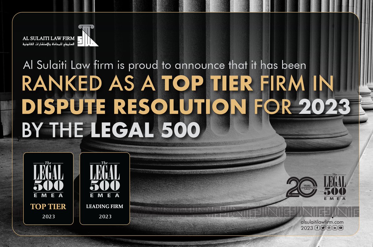 Al_Sulaiti_Law's tweet image. #Al_Sulaiti_Law_firm is proud to announce that it has been ranked as a #top_tier_firm in #Dispute_Resolution for 2023 by #The_legal_500.