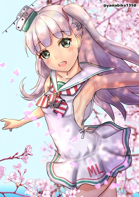 イタリアの天使様が初めての桜に喜んでいる様子。#艦これ版深夜の真剣お絵描き60分一本勝負#艦これ版真剣お絵描き60分一本勝負_20230415#マエストラーレ進水日 