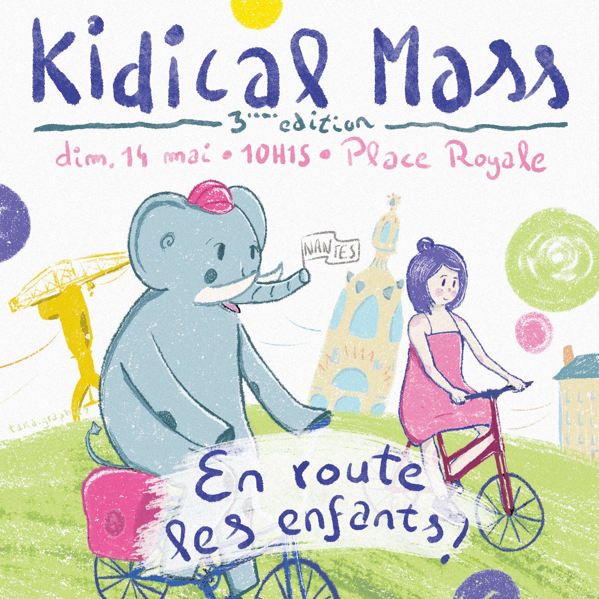 KidicalMassNtes's tweet image. Dans un mois se déroulera la 3e édition de la Kidical Mass ! Dimanche 14 mai, nous invitons tous les enfants, petits ou grands, à venir déambuler en vélo à #Nantes. 

#KidicalMass #StreetsForKids

Crédit affiche : @taka_graphics