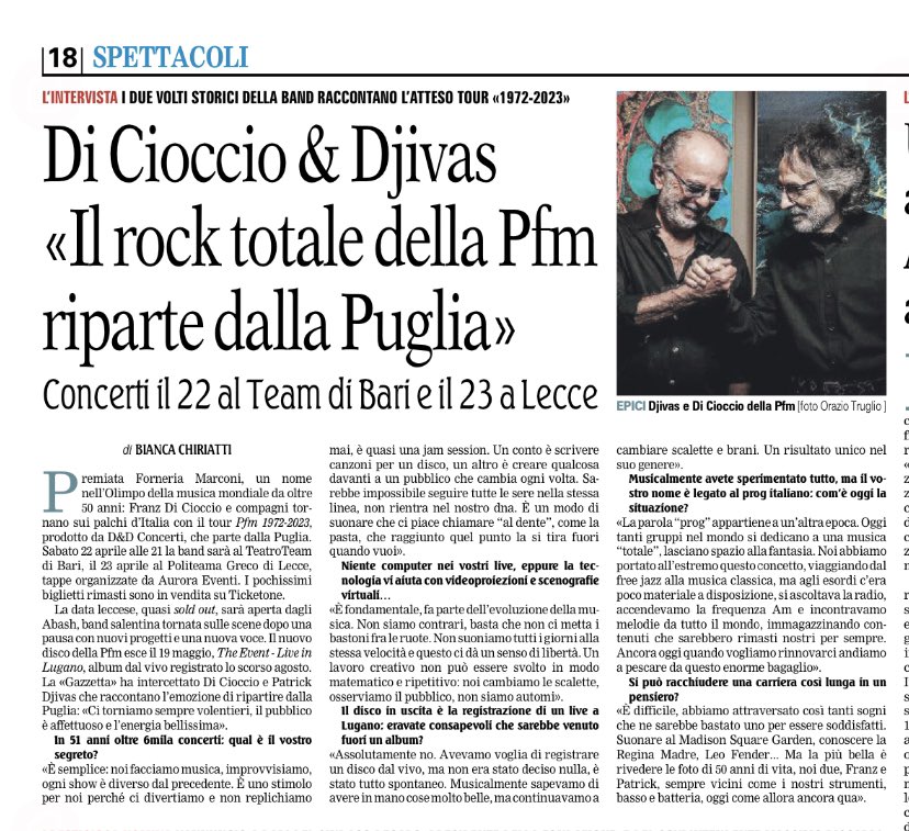 Oggi sul giornale quattro chiacchiere con Franz Di Cioccio e Patrick Djivas: 50 anni di Pfm e una vita da raccontare <a href="/pfmufficiale/">PFM</a>