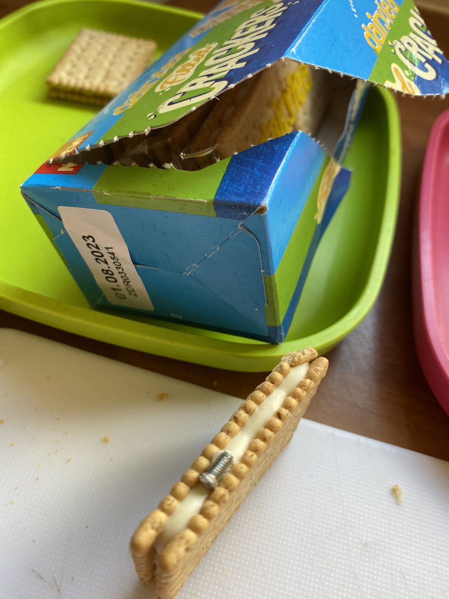 petejcoleman's tweet photo. My four year old picked @Dairylea crackers for lunch from @Tesco and they had a small metal screw in the cheese!! https://t.co/cFkJWX78MW