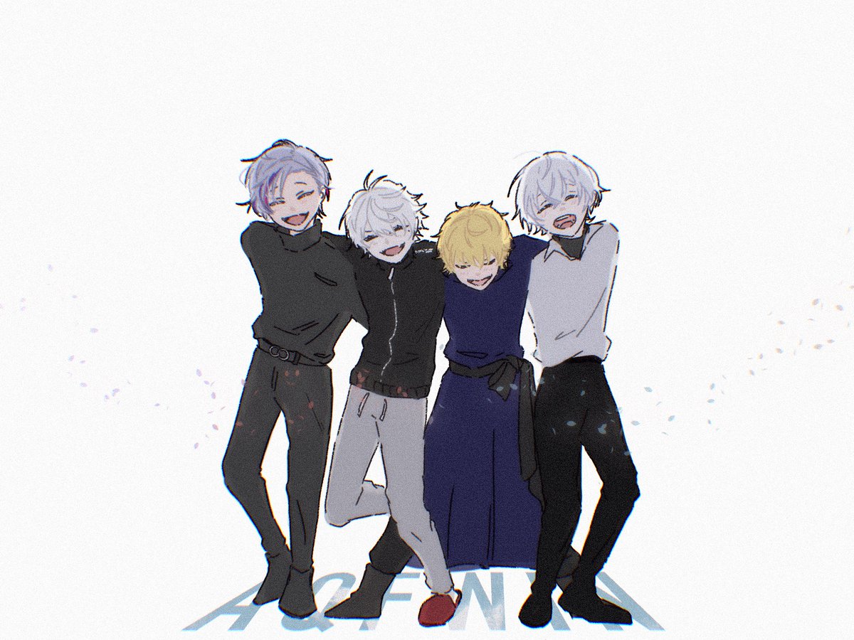 kuzuha (nijisanji) multiple boys blonde hair closed eyes pants sweater purple hair smile  illustration images