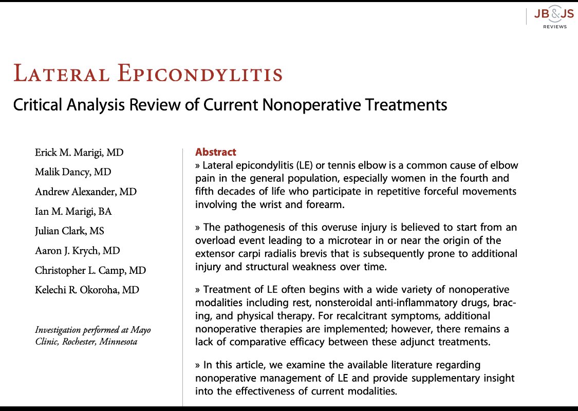 ChrisCampMD's tweet photo. Lateral Epicondylitis (#TennisElbow) is common cause of elbow pain in athletes &amp; gen population. Non-op treatment is usually successful, &amp; here is a @jbjs critical review of best practices:

👉https://t.co/6KLLqXrek0

@DMarigsMD @IanMarigi @DoctorOkoro @DrKrych #SaveTheElbows https://t.co/Ya2HXctlQ3