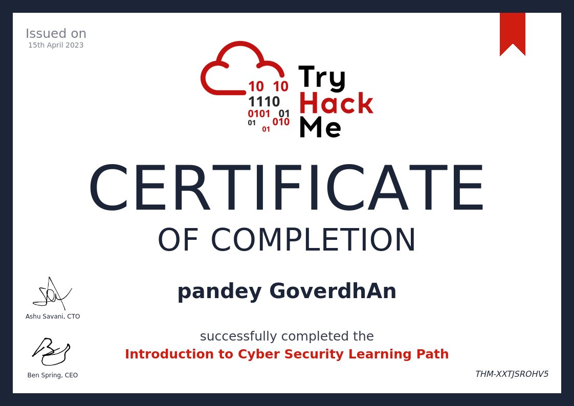 Excited to share that I've completed the @RealTryHackMe Introduction to Cyber Security learning path!  #cybersecurity #learningpath #TryHackMe