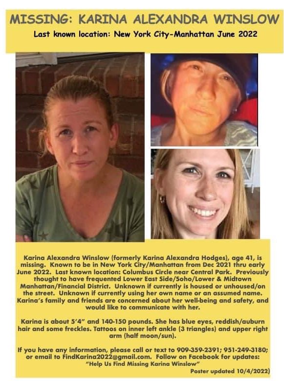 FindOurMissing_'s tweet photo. Karina Winslow, age 41 (now 42) has been officially missing since February 2022. She was last known to be in the Columbus Circle area of New York City as of Jan. 2022. Areas she is thought to have frequented include Lower East Side/Soho/Lower &amp; Midtown Manhattan. #MissingNYC https://t.co/o9lhMbIl8A