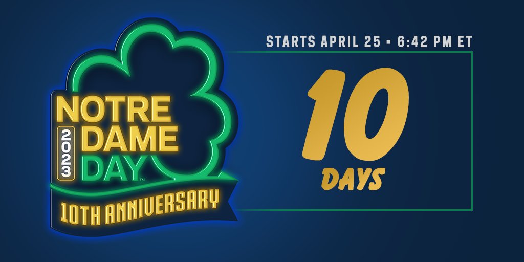 NDLoyal's tweet photo. Help spread the word that #NDday is 10 DAYS AWAY! https://t.co/vOeNAwHM1m

3 people will be selected to win $100 to a cause of their choice. Simply share the "ND Day is 10 Days Away" post via any of our @ndloyal social channels.

*Must be following @ndloyal to qualify https://t.co/F59c4cRKeG