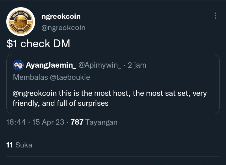 Morningciku_'s tweet photo. Alhamdulillah ke handpick kak admin, tuh kan gak bohong aku, kak admin @ngreokcoin itu penuh kejutan gengs 😁 hayuk follow akunnya, ikuti semua GA nya dan jangan lupa masuk grup telegram nya juga ya
#HostLegitSatSet
#NGCPaidGA https://t.co/glSqTDZLGY