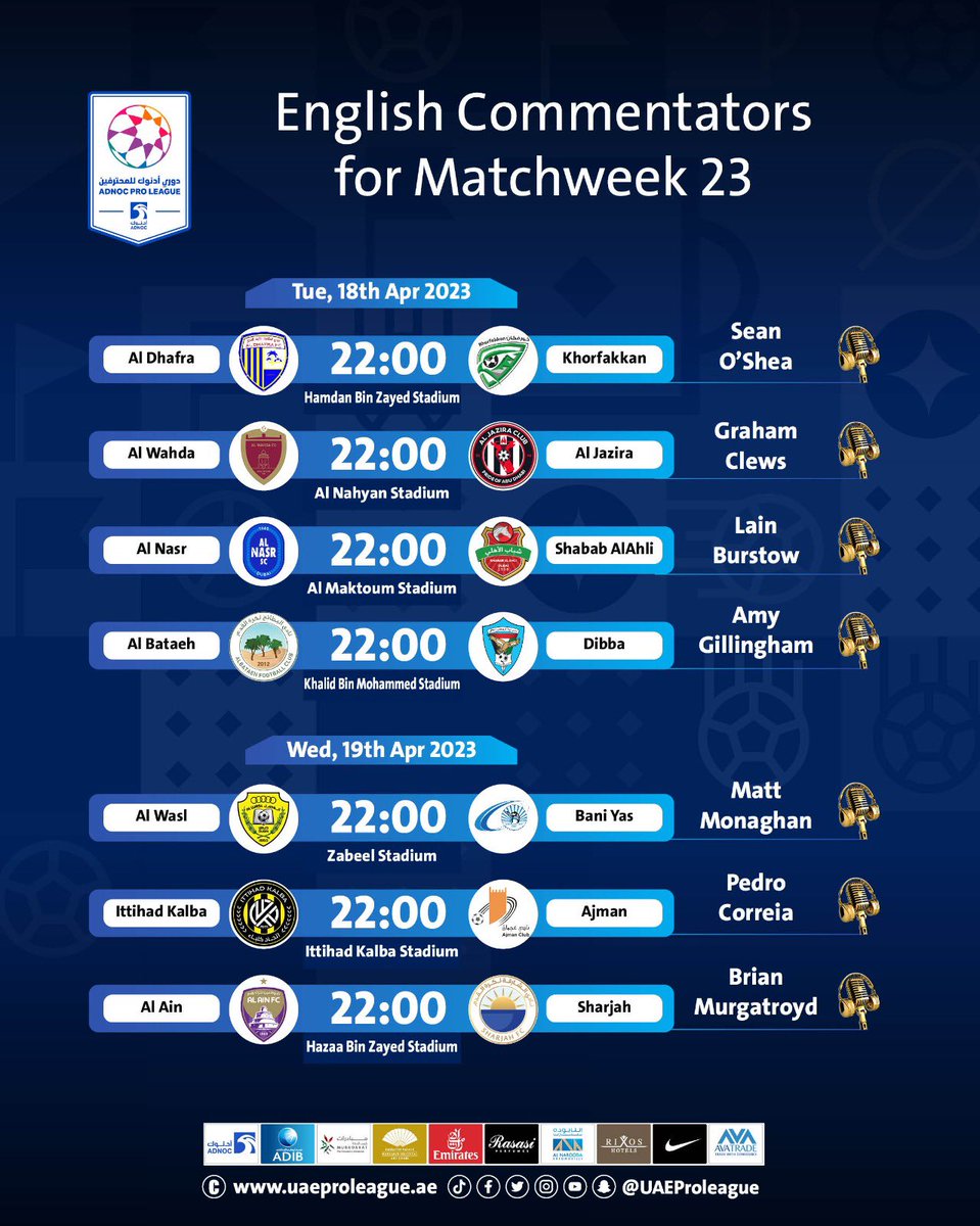 ADNOC Pro League (@uaeproleague_en) on Twitter photo This is going to be a lot of fun 🔥
🎤 Here are your English commentators for fixtures of MW2️⃣3️⃣
#ADNOCProLeague ⚽
#FansLeague 📢
#FairPlayFairSupport 🤝
<a href="/PedroBCorreia/">Pedro Correia</a> <a href="/seanoshea82/">Sean O'Shea</a> <a href="/AmyGillingham18/">Amy Gillingham</a> <a href="/GrahamClews/">Graham Clews</a> <a href="/mattmonaghan360/">Matt Monaghan</a> <a href="/murgersb/">Brian Murgatroyd</a> This is going to be a lot of fun 🔥
🎤 Here are your English commentators for fixtures of MW2️⃣3️⃣
#ADNOCProLeague ⚽
#FansLeague 📢
#FairPlayFairSupport 🤝
<a href="/PedroBCorreia/">Pedro Correia</a> <a href="/seanoshea82/">Sean O'Shea</a> <a href="/AmyGillingham18/">Amy Gillingham</a> <a href="/GrahamClews/">Graham Clews</a> <a href="/mattmonaghan360/">Matt Monaghan</a> <a href="/murgersb/">Brian Murgatroyd</a>