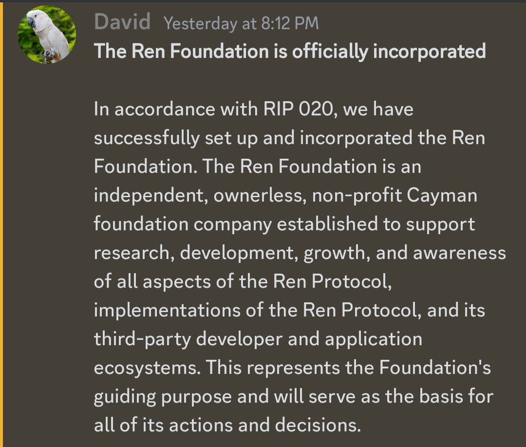 Shilliam Shakespeare 2.0 🎩 (@blockchainbard_) on Twitter photo After months of meticulous legal planning and deliberations, the Ren Foundation is finally live!
The Foundation is an independent, ownerless, and non-profit Cayman foundation - and is a huge step forward for the project as it begins to legally separate from <a href="/AlamedaResearch/">Alameda Research</a> $REN After months of meticulous legal planning and deliberations, the Ren Foundation is finally live!
The Foundation is an independent, ownerless, and non-profit Cayman foundation - and is a huge step forward for the project as it begins to legally separate from <a href="/AlamedaResearch/">Alameda Research</a> $REN