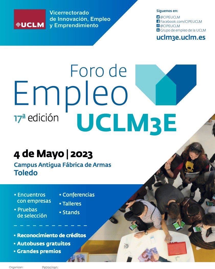 👉El próximo 4 de Mayo se celebra la 17 edición del Foro de Empleo UCLM3E en el Campus de Toledo. 
Más información en:
mtr.cool/cstwjszvam