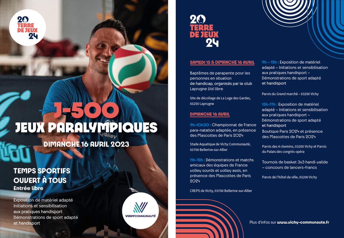 Demain on sera à J-500⏱️ de l'ouverture des Jeux paralympiques de <a href="/Paris2024/">Paris 2024</a> découvrez le programme de <a href="/VichyCommunaute/">Vichy Communauté</a> pour célébrer cette journée inédite où l'on parlera para-sports, accessibilité et clubs inclusifs via <a href="/FRAparalympique/">Comité Paralympique et Sportif Français</a>
Rendez vous à Vichy 😉