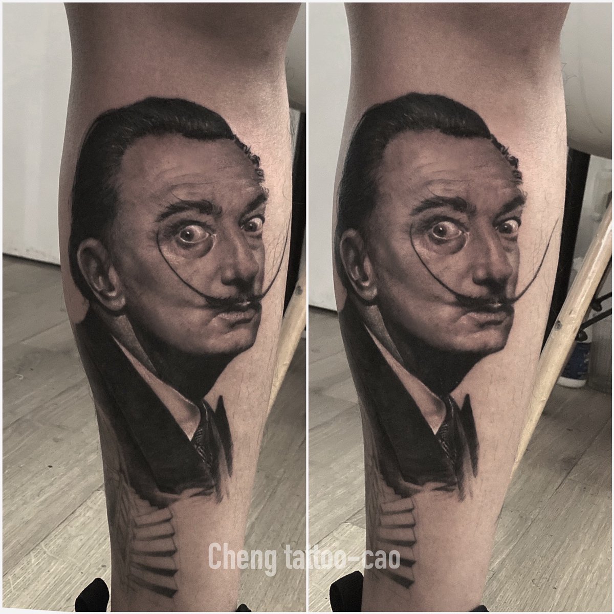 gavinlee_522's tweet photo. My left lower leg tattoo is a portrait of Salvador Dali, a famous Spanish artist of the 20th century. I personally love Dali's artistic style and personality, and wanted to use him as a representation of artists in my body art. https://t.co/X3kDssJ51k