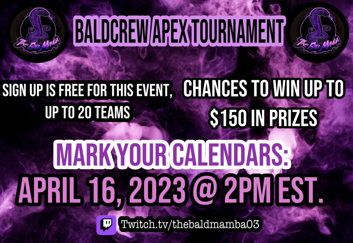 TOMORROW! Got 2 open spots left and that’s it so message me if interested . So excited for our first tourney. #ApexLegends #apex #apextourney #apextournament #TwitchAffilate #twitchstreamer #twitch
