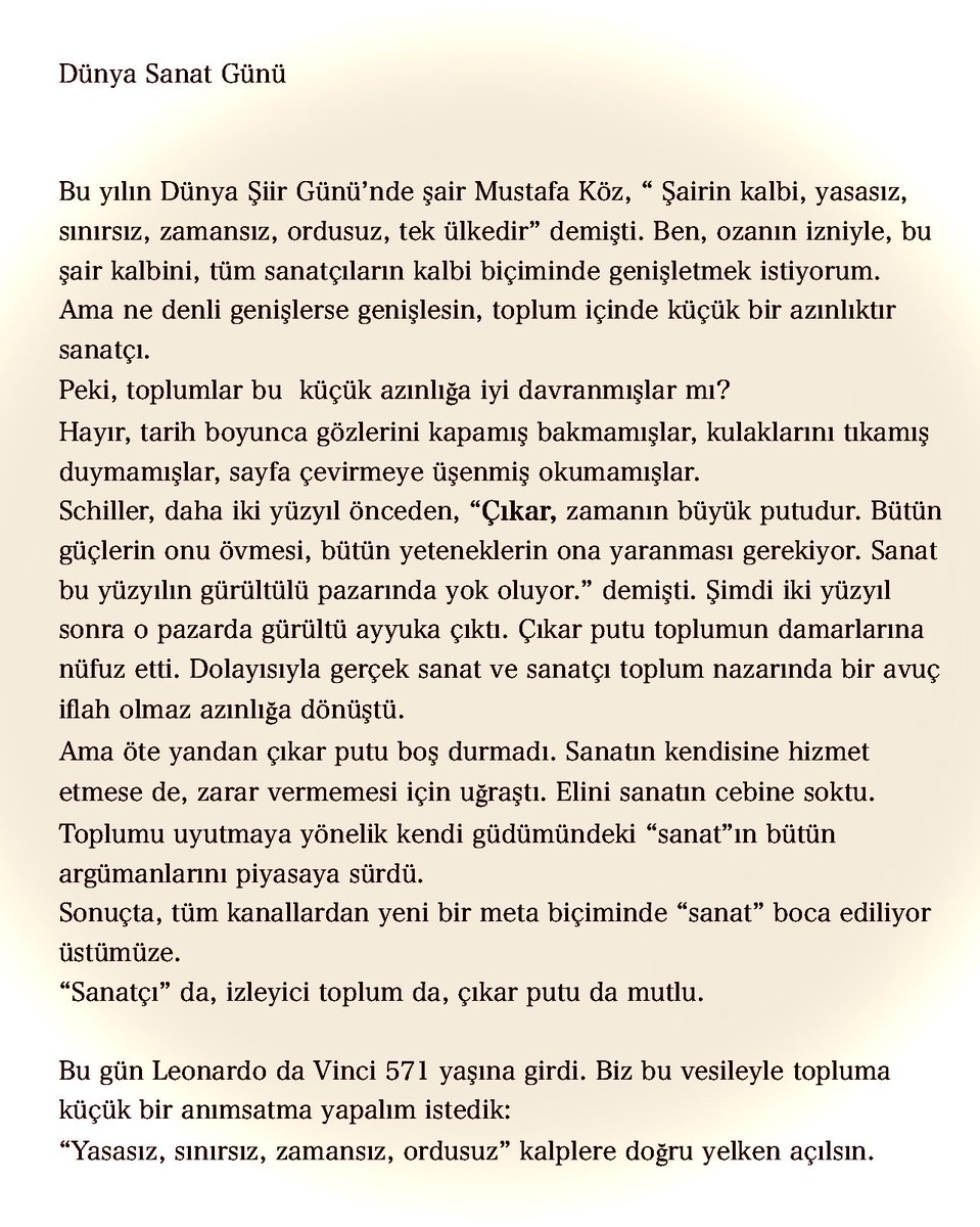 kmlerdem's tweet photo. Datça Kültür Sanat Dayanışması bülteninde ‘15 Nisan Dünya Sanat Günü’nün manâ ve ehemmiyeti üstüne yazdım:)
#DKSD Bülteni 9 https://t.co/4iISRfypFc