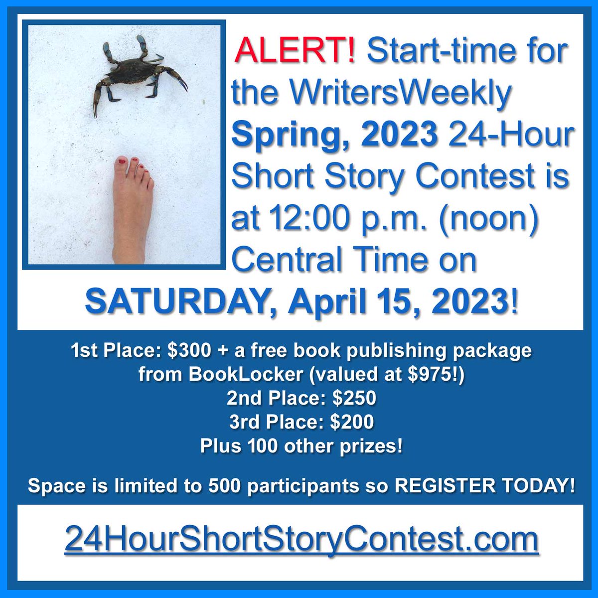 AngelaHoy's tweet photo. FINAL NOTICE! Start-time is in 3 1/2 hours!!
https://t.co/vRB937ZMNR
#writingcontest, #shortstorycontest, #shortstory, #creativewriting, #freelancewriting, #storytelling, #homesteading, #springstories, #spring, #springflowers, #shortstories, #writeformoney, #writingcompetition https://t.co/wviBOJBinp