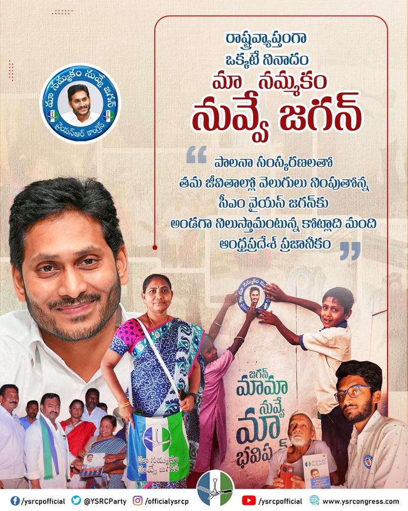 YSRCParty's tweet photo. ఏపీలోని ప్రతీ గడపలో ఒకటే నినాదం.... మా నమ్మకం నువ్వే జగన్.

#JagananneMaaBhavishyathu
#MaaNammakamNuvveJagan https://t.co/01pvFcrfoh