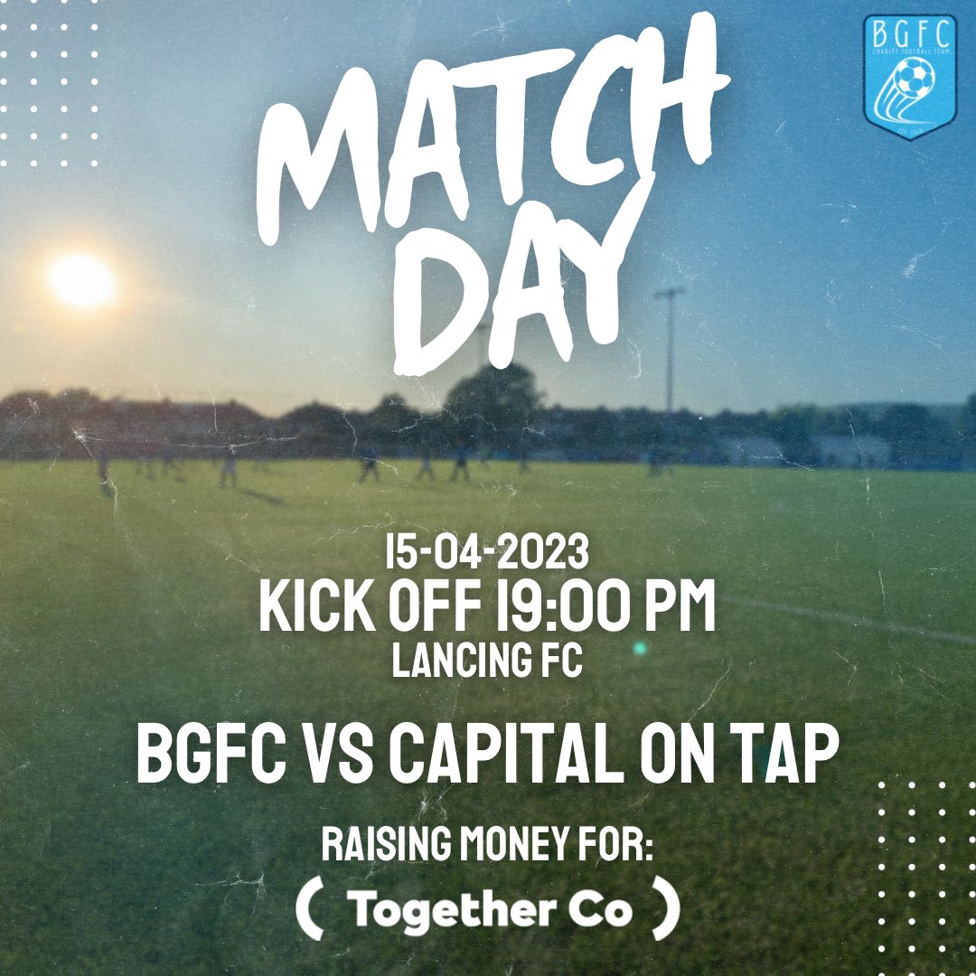 BGFCCharity's tweet photo. It’s match day. Who’s excited for this?

BGFC Vs @capitalontap
Raising money for @hellotogetherco

Kick off 7pm at Lancing FC

Raffle tickets still available via the link in our bio

💪 

#bgfc #togetherco https://t.co/2XMQrJvkqX
