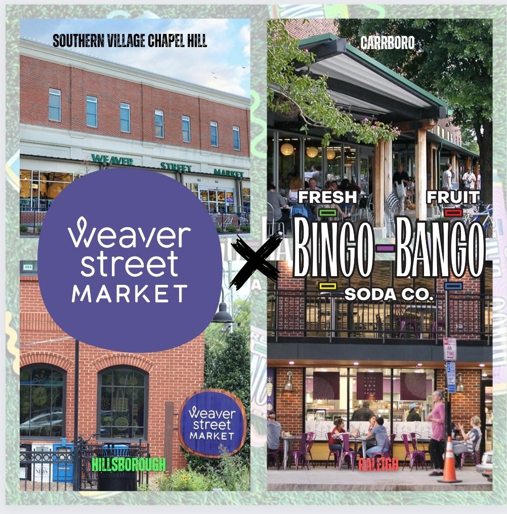 Bingo-Bango Soda is now available at ALL @weaverstreetmarket LOCATIONS!! Hillsborough, Carrboro, Southern Village, & Raleigh!! 💜💜💜🍏🍎🍍🍑🍓🍋 #trianglenc
