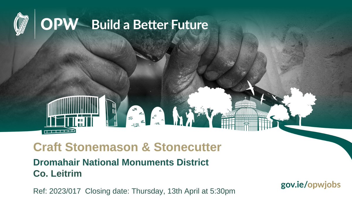 HeritageIreOPW's tweet photo. Are you a Craft Stonemason &amp; Stonecutter?  Apply today to work within the Dromahair District of the OPW National Monument Service.

Full Details: https://t.co/bFlQxYDYl5

#Jobs #Careers #Stonemanson #Stonecutter @IndeedIE @Irishjobsie @ConstructJobsie  @LeitrimLive @IndeedIE https://t.co/8OIWbD7iM8