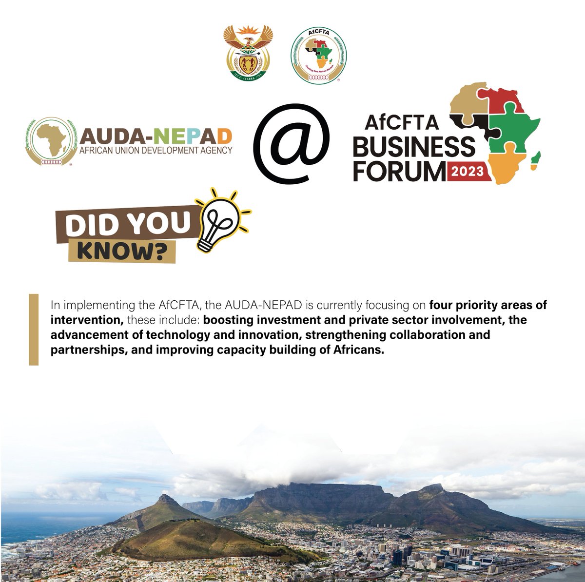 In implementing the #AfCFTA, the AUDA-NEPAD   focuses on 4  areas of intervention: boosting investment and private sector involvement, the advancement of technology and innovation, strengthening collaboration and partnerships, and improving capacity building of Africans