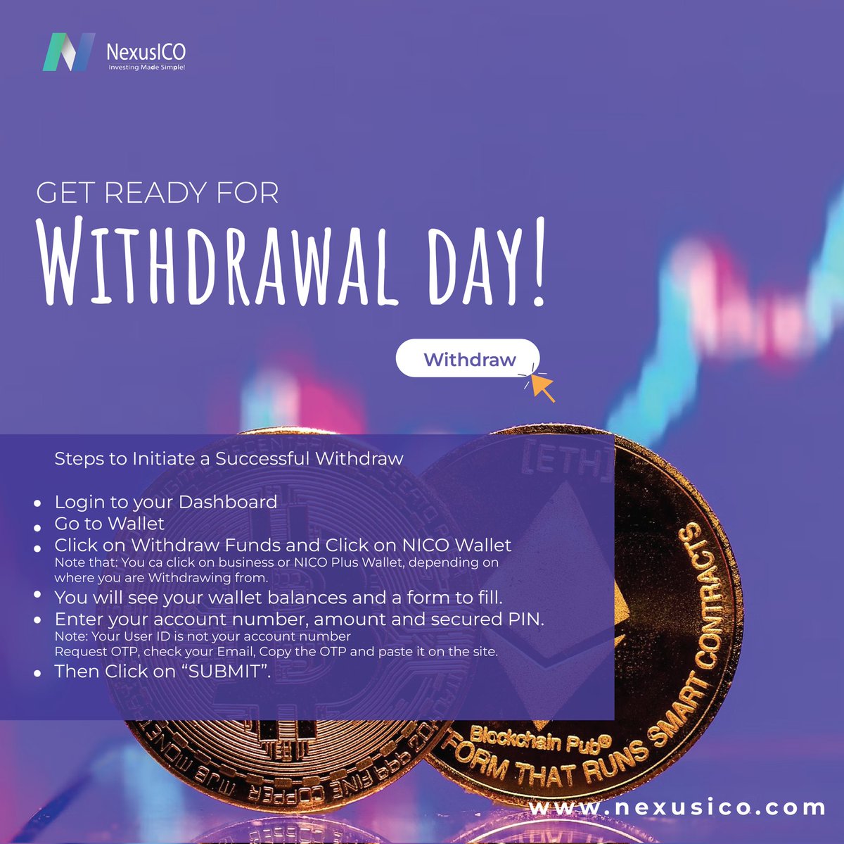 nexusico's tweet photo. It's time to cash out! 💲💵 You know what that means right? Get ready for Withdrawal Day with NexusICO!
Simply login to your dashboard, follow a few easy steps, and get a chance to avail your funds through our user-friendly platform.

Contact us at
🌐 https://t.co/2qhEWvh68H https://t.co/sJN8q1liKi