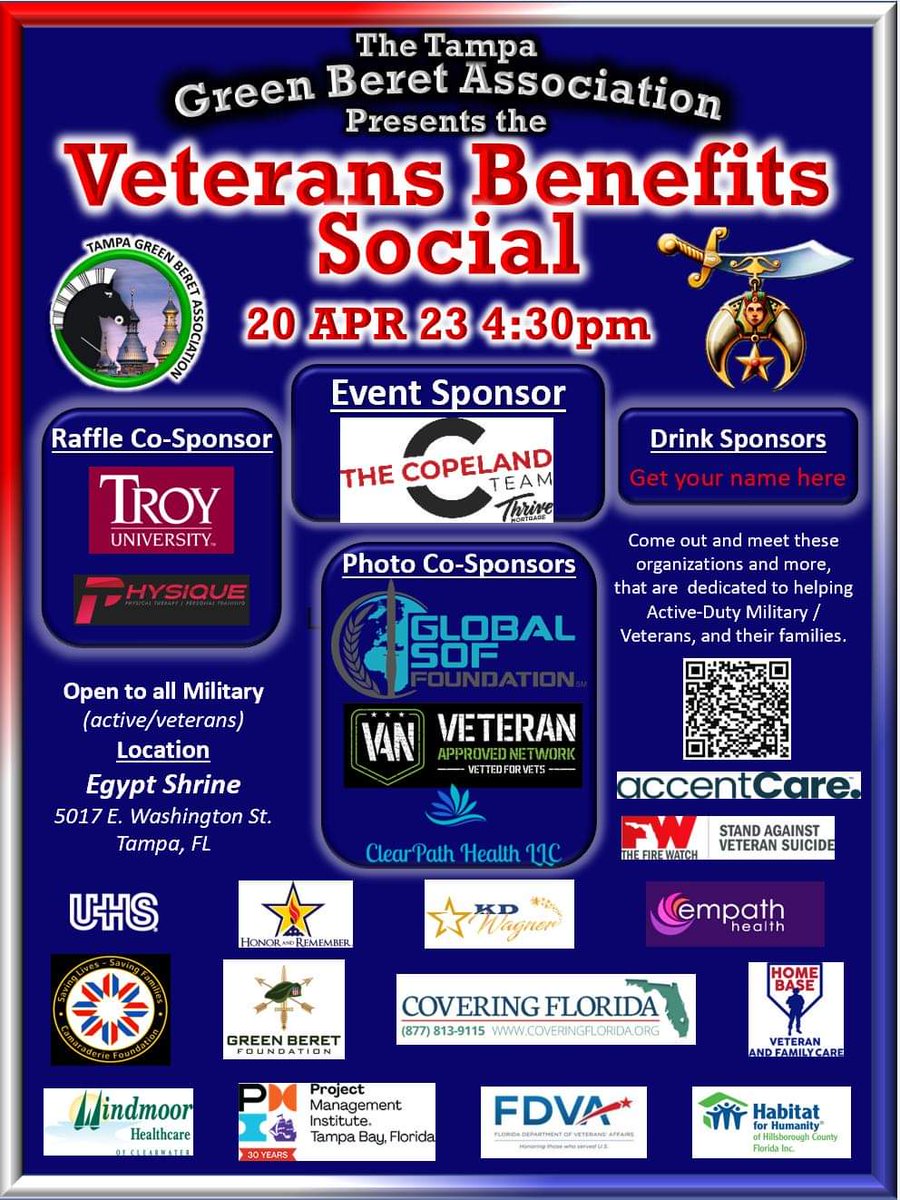 It's almost time for the next Tampa Green Beret Association - Veterans Benefits Social! All active duty, retired military/veterans and families be sure to come out and join us on 4/20!
#TeamHouse #veteransbenefitsocial #macdillafb #TGBA