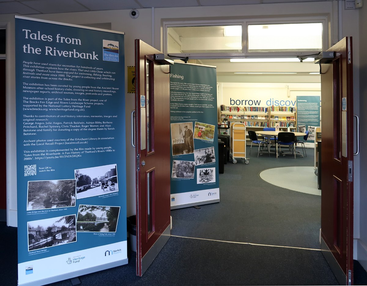 OSBrecks's tweet photo. Tales from Riverbank Exhibition looking good in Watton Library – there until 5 May @NorfolkLibs Colourful story of river recreation over last 120 yrs, curated young historians @AncientHouseMus @HeritageFundM_E @ImogenRadford; @TheBrecksLP @BreckCouncil #LochNeaton @Museum4Watton https://t.co/YYD2Ld1t5A