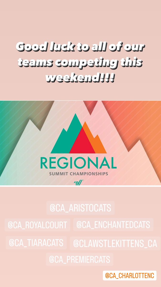 Good luck everyone!! We are cheering you on!! <a href="/CA_AristoCats/">CA_AristoCats</a> <a href="/CA_TiaraCats/">CA_TiaraCats</a> <a href="/CAEnchantedCats/">CA_EnchantedCats</a> <a href="/KittenClawstle/">ClawstleKittens_CA</a> 
<a href="/CA_RoyalCourt/">RoyalCourt</a> 

<a href="/CA_CharlotteNC/">Cheer Athletics NC</a>