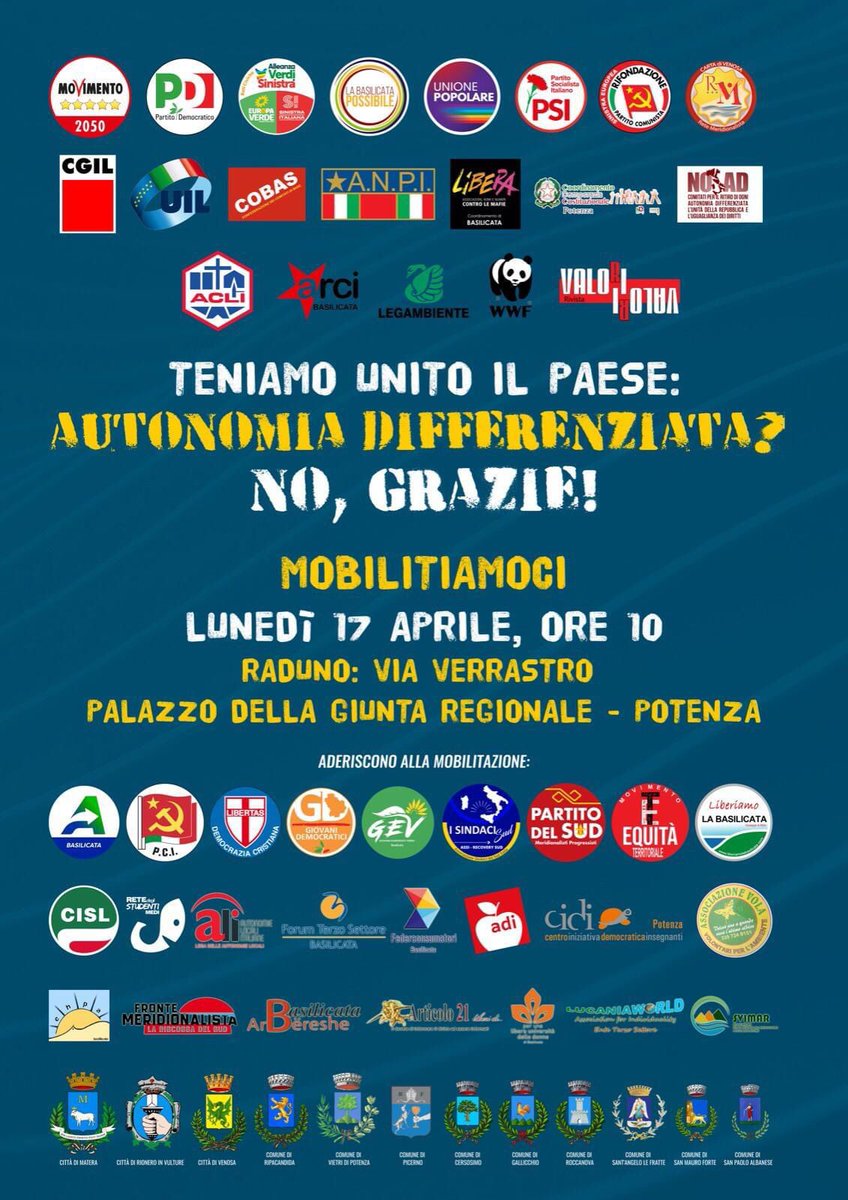 BasilicataGD's tweet photo. Il #DDLCalderoli punta a minare la coesione del nostro Paese. Lunedì 17 Aprile saremo a Potenza insieme ad altri soggetti politici e civili  per opporci ad un progetto sciagurato per una piccola Regione del Mezzogiorno. 

È tempo di tutelare la nostra amata Basilicata. https://t.co/CTh2zla4wx