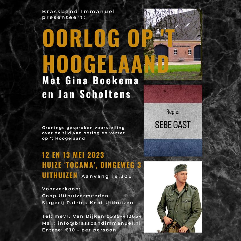 Over 4 weken geven wij een voorstelling in Tocamaheerd, Uithuizen. Een voorstelling, gebaseerd op regionale verhalen uit de oorlogstijd ’40 –’45.

Deze prachtige boerderij is op 12 en 13 mei het decor van toneel, muziek, zang en nog veel meer!

Zie voor meer informatie de poster!