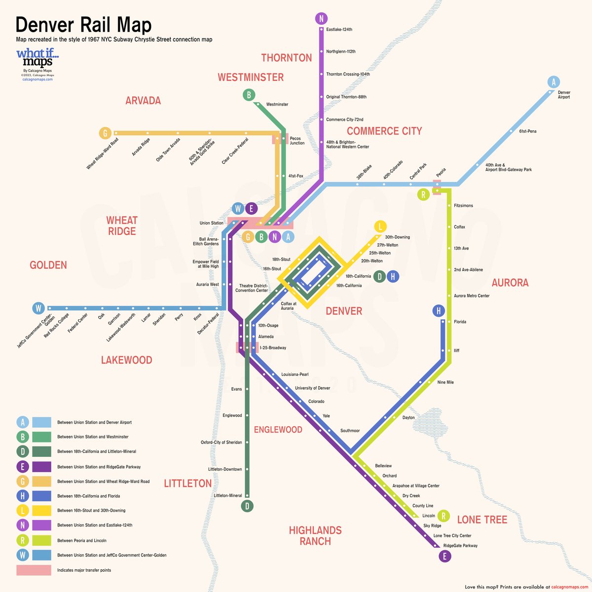 calcagnomaps's tweet photo. Denver @RideRTD  Map recreated in the style of 1967 NYC Subway Chrystie Street connection map

#Denver #Colorado #MileHighCity #transitmaps # https://t.co/FTNtoA2Ks3
