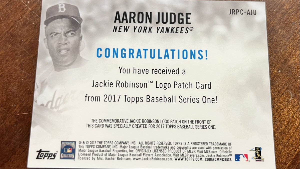 Eric_NYY99's tweet image. Happy Jackie Robinson Day! Lucky to have this awesome @Topps card from a few years ago. @TheJudge44 commemorative Jackie Robinson Logo Patch card. 70th Anniversary.  #Topps #JackieRobinson #FourtyTwo #ninetynine #aaronjudge #newyorkyankees